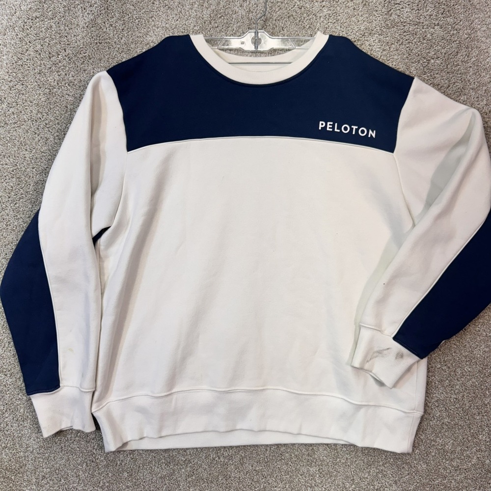 Peloton Sweatshirt Mens XL Colorblock White Navy Blue Crewneck Long Sleeve